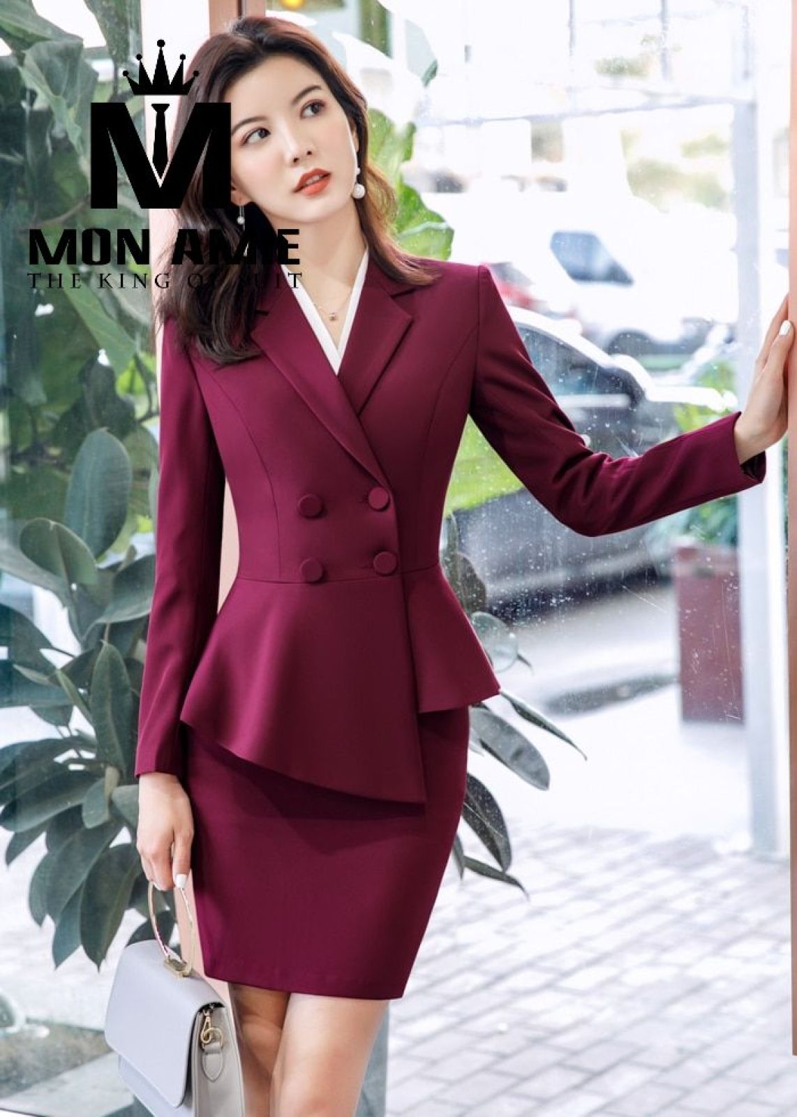 Redwine Assymetrical Notch Lapels Suit With Tulip Skirt 